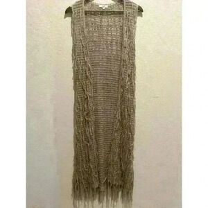 Easel Women's M Taupe Maxi Duster Vest Cardigan Crochet Knit Boho Hippie Western